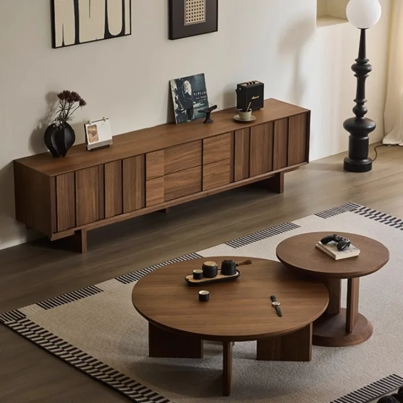 Solid Wood TV Stand Coffee Table Set Mid Century Modern Storage All In One Living Room Cabinetry Furniture Unit TV Stands Home