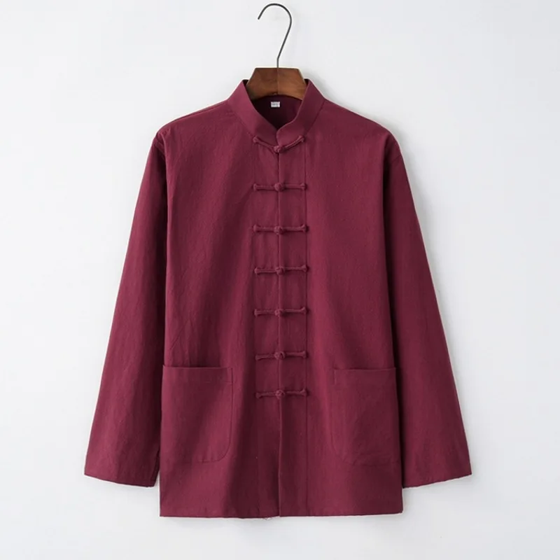 Black Red White Chinese Shirt Man Cotton Traditional Chinese Tang Suit Top Clothes Spring Autumn Long Sleeve Kung Fu Shirt Men