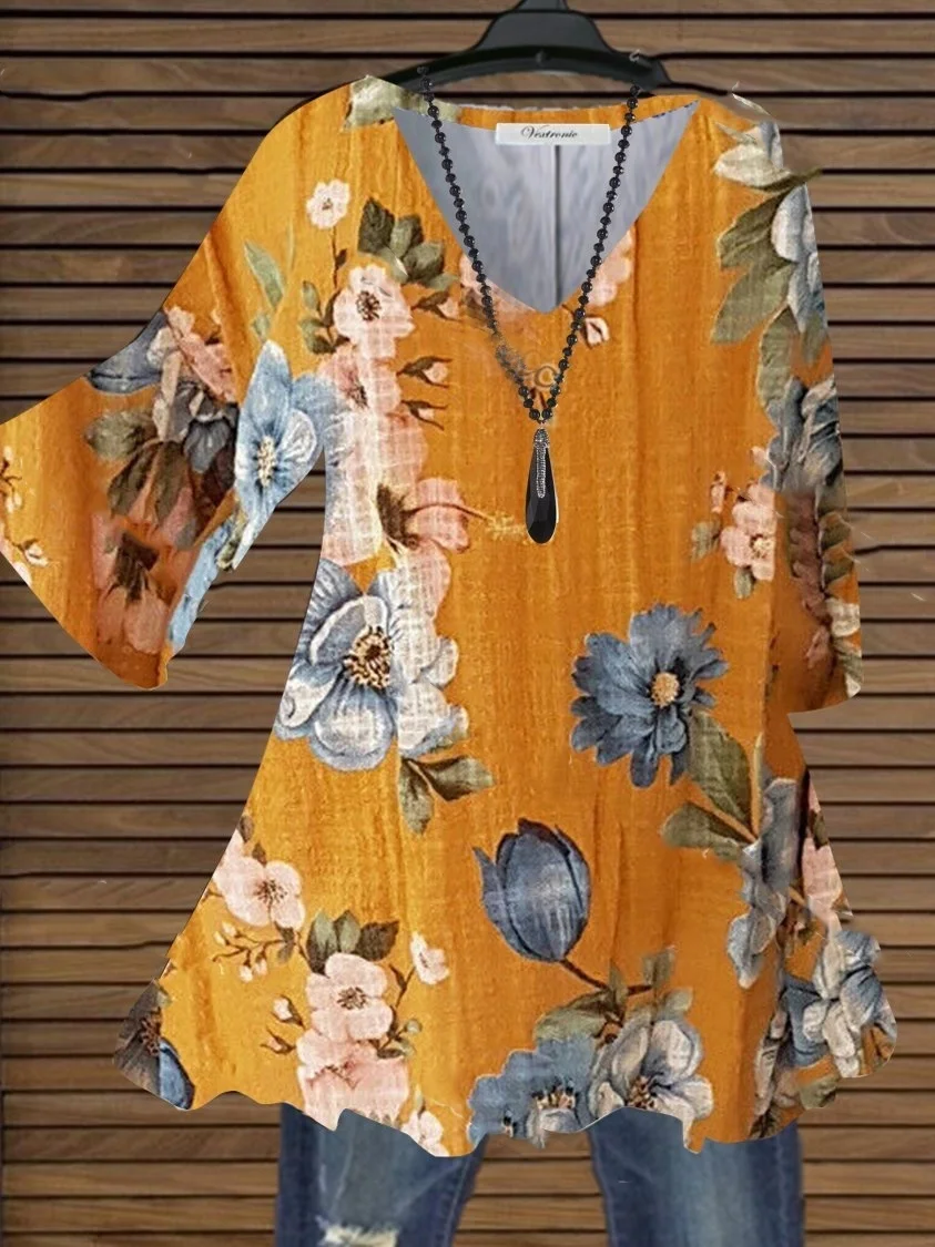 Women's Tops Causal Loose Floral Printed T Shirts Summer V-neck Tops