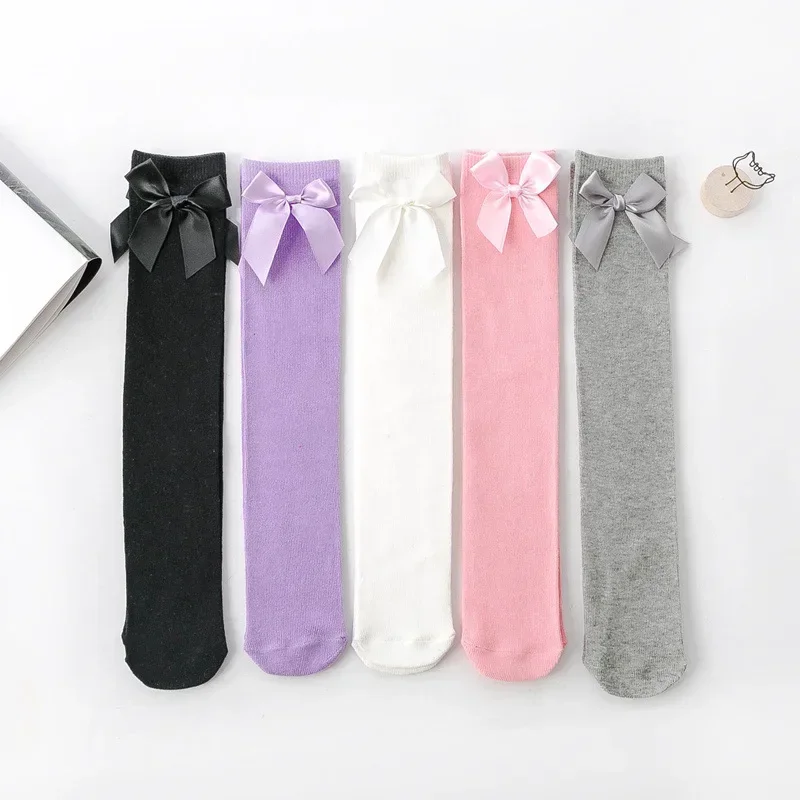 40 cm Kids Socks Big Bow Knee High Socks Soft Cotton Lace Bowknot Girls Long Tube 5-8 Years