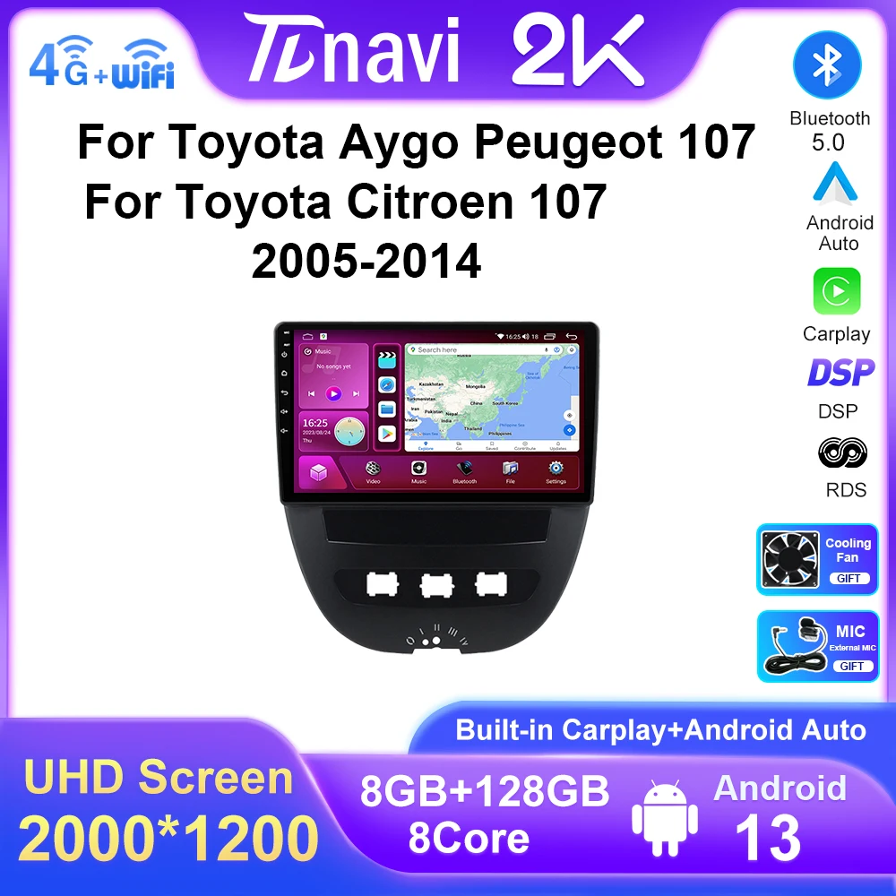 

Автомобильный радиоплеер Android13 2 Din для Peugeot 107, Toyota Aygo, Citroen C1 2005-2014, стерео, GPS-навигация, BT, Wi-Fi