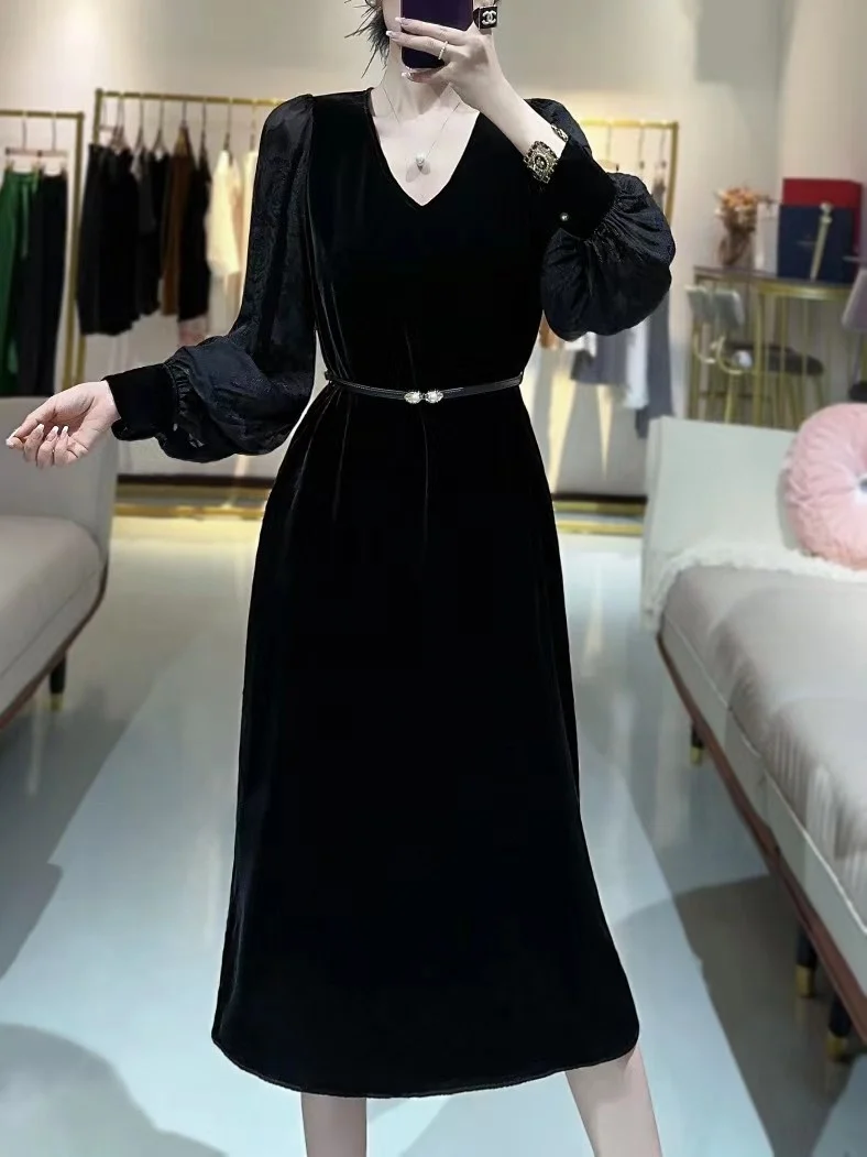 

2023 Autumn/Winter Fashion New Women's Clothing V-neck Silk Velvet Sleeve Cut-off Dress 0912