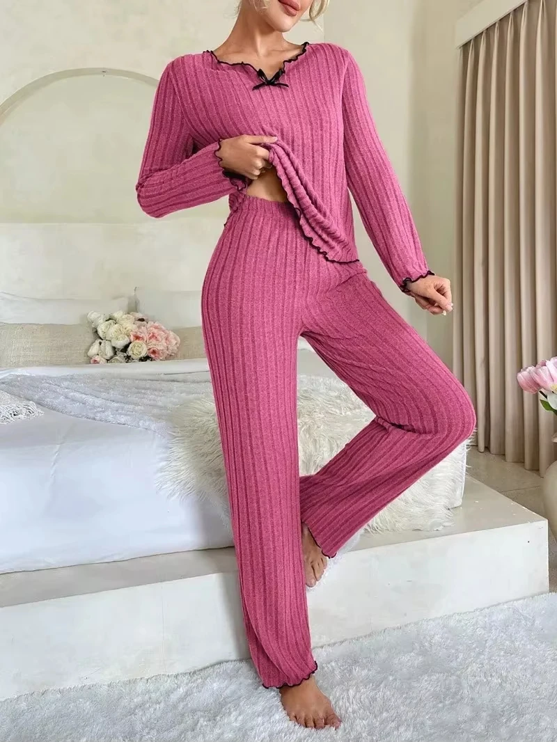 Women Autumn Winter New Sleepwear Y2K Ribbed Pajamas Set Long Sleeve Top and Long Pants 2 Piece Set Casual Homewear Loungewear