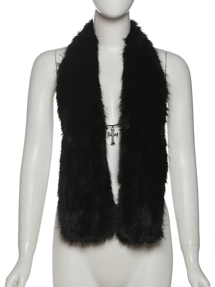 Nibber Hottie Halter Furry Tank Tops Women Backless Lace-Up Solid Wild Simple High Street Midnight Clubwear Sexy Midnight Vest