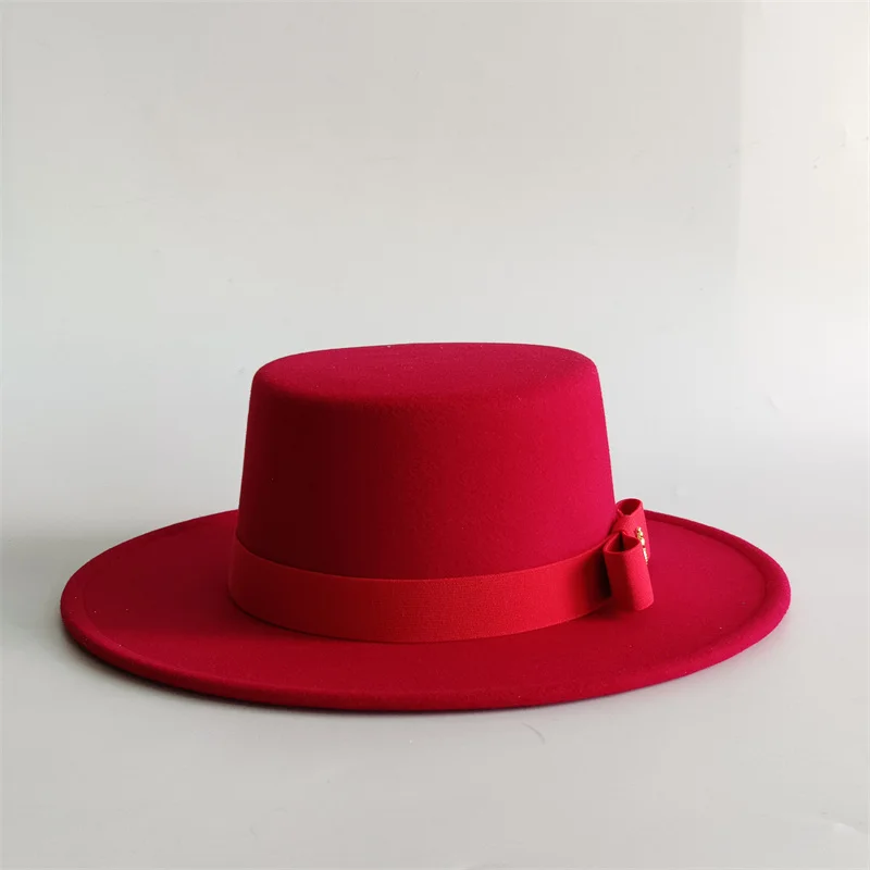 Fliege, Fedora-Fedora-Hut, Bienenschleife, Winter, rund, konkav und konvex, flache Oberseite, Schleife, elastisches Band, roter Jazz-Hut für Herren und Damen – Detail 6