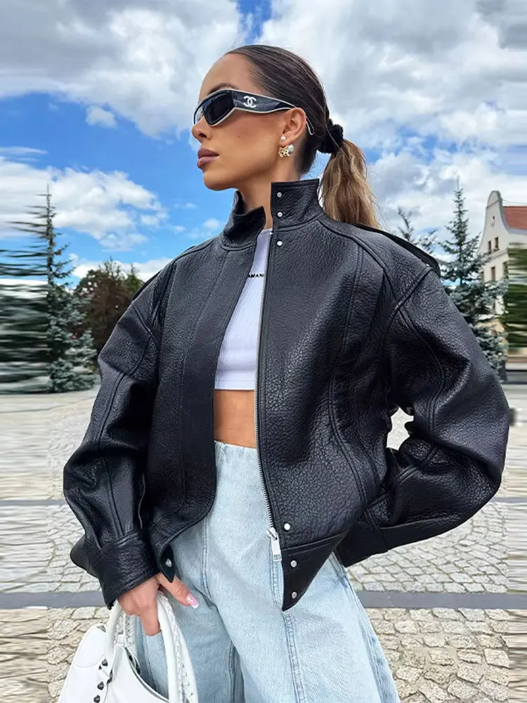 HH Autumn Pu Leather Jacket For Women Fashion High Street Overcoat Jackets Long Sleeve Zipper Coats Winter Casual Lady Outwear