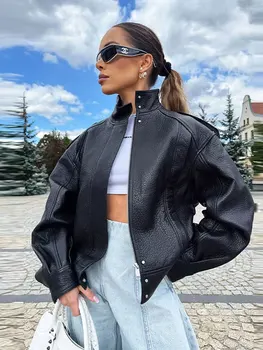 HH الخريف بولي Leather سترة جلدية للنساء موضة شارع العليا معطف جاكيتات سحاب أكمام طويلة معاطف الشتاء سيدة أبلى غير رسمية 4