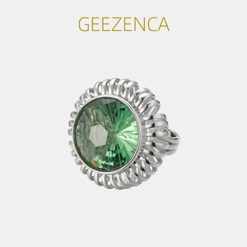 GEEZENCA 925 Sterling Silver Green Crystal Round Open Ring For Women Big Stone Chic Luxury Cocktail Rings 2024 New Party Gift 1
