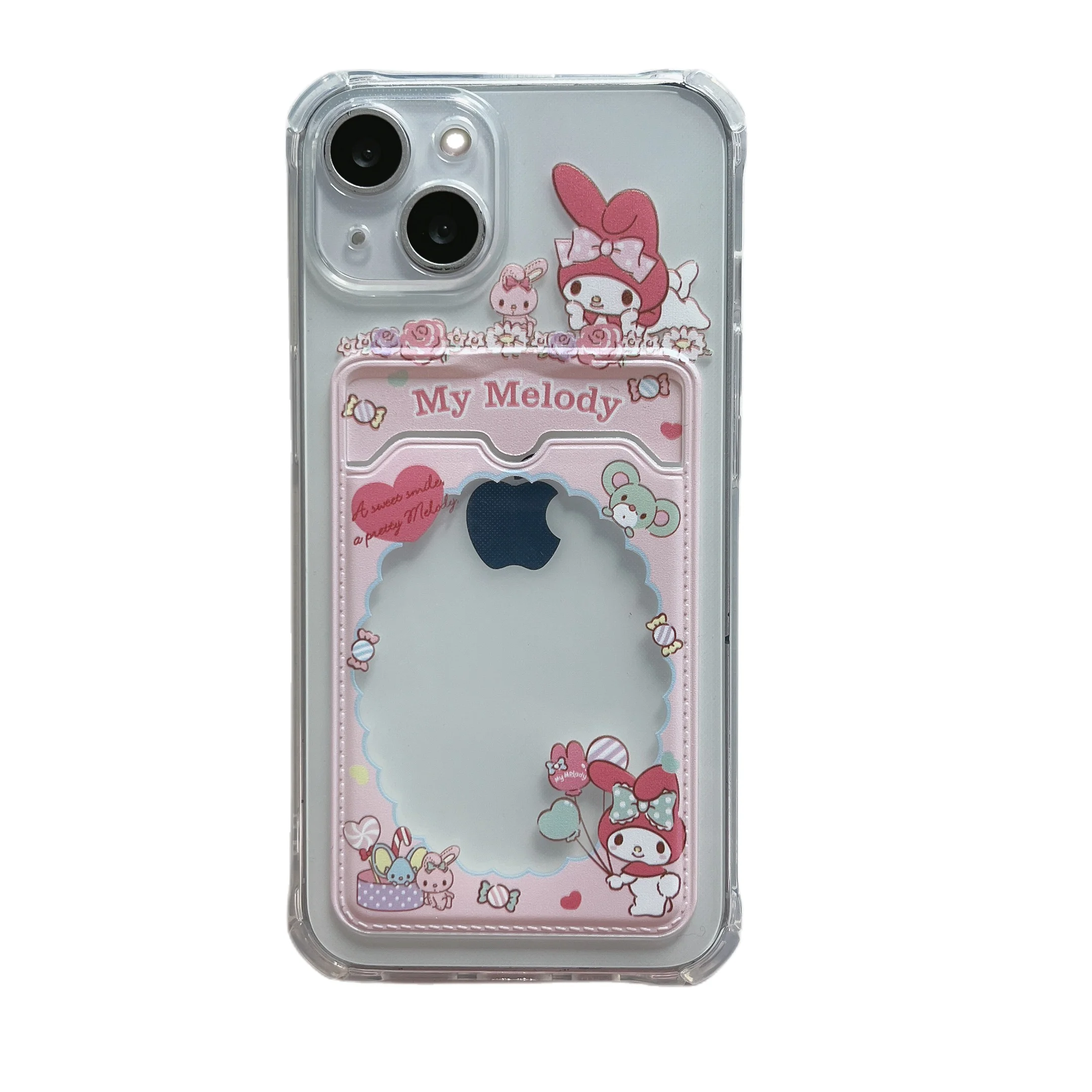 thumbnail image 1 of Funda transparente con patrón de Hello Kitty para iPhone, carcasa suave de TPU con ranura para tarjeta y soporte de bolsillo para modelos 7, 8, 14 Plus, 13, 12, 11 Pro Max, X, XR, XS Max, 1 of 5