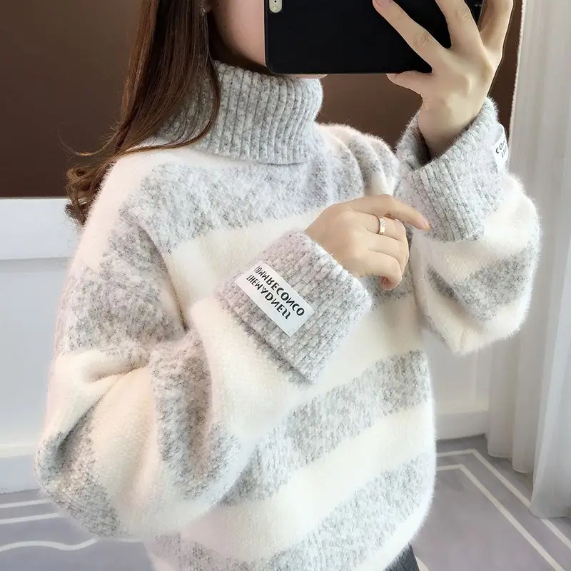 

Women Autumn and Winter Vintage High Neck Sweater Knitted Pullovers Jumpers Long Sleeve Female Sweaters Chic Tops 2023 New YL57