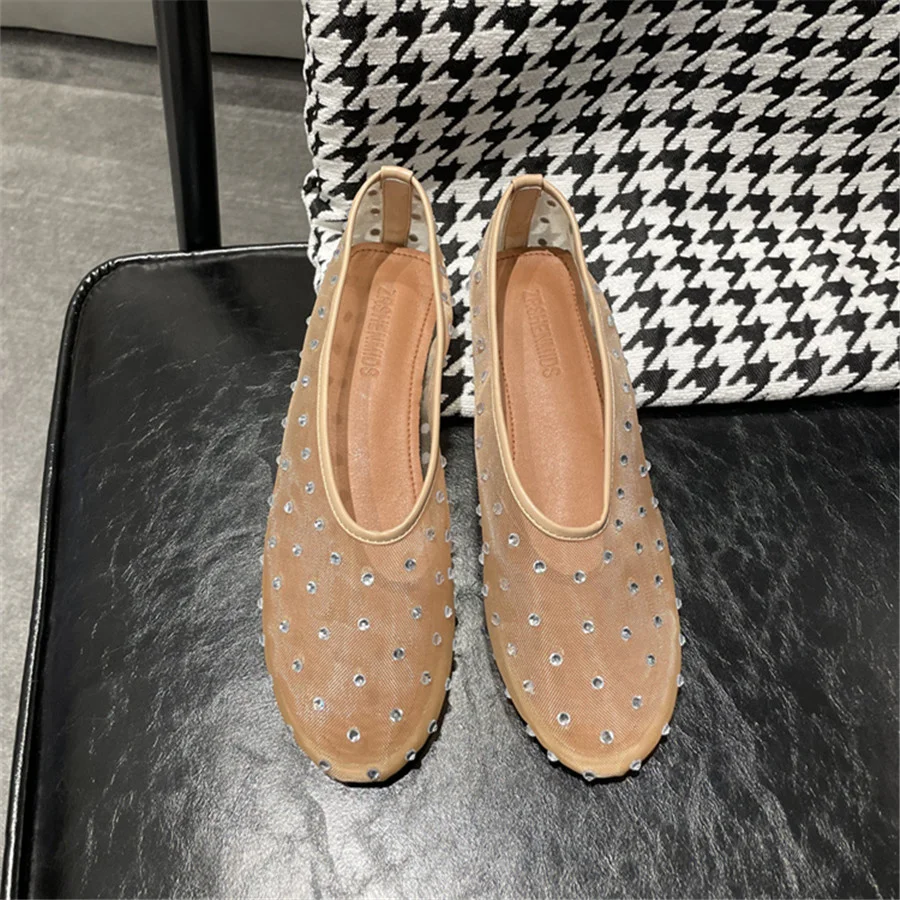 Crystal Studded Women Ballet Flats Mesh Dance Flat Shoes Casual Driving Walking Loafers Espadrilles Ladies Slip-on Lazy Shoes