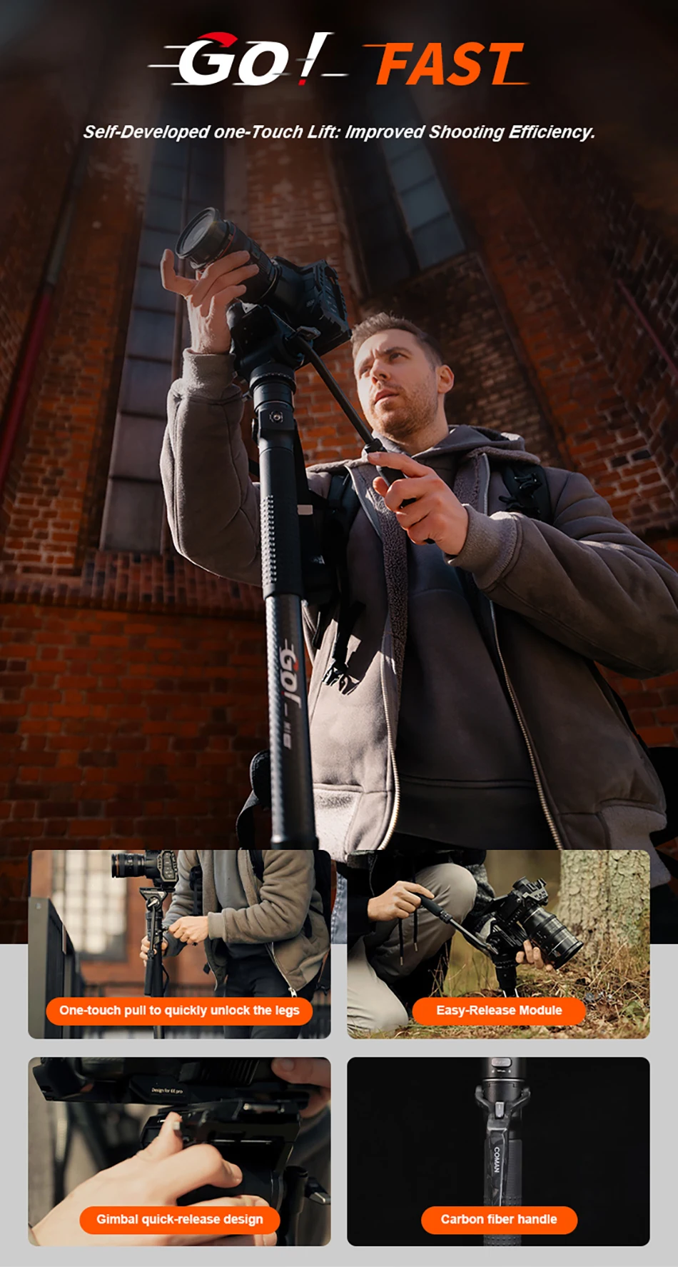 COMAN M1 M1 Pro V5 Carbon Fiber One Click Lifting Tripod Travel Monopod with Qui