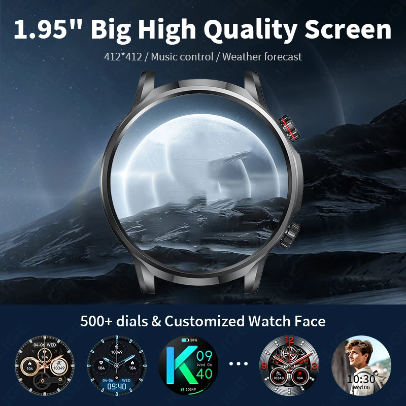 LIGE Smart Watch 1.95 inch Large Screen Bluetooth Calling Health Monitoring 500mAh Large Battery AI Voice Men Smartwatch EX100 3
