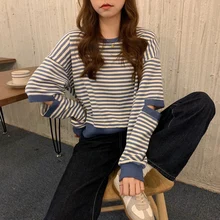 

Hollw Out Grunge Tshirts Striped Harajuku Graphic Black Blue Cute Casual Tshirts Streetwear Long Sleeve All-match Academia Tops