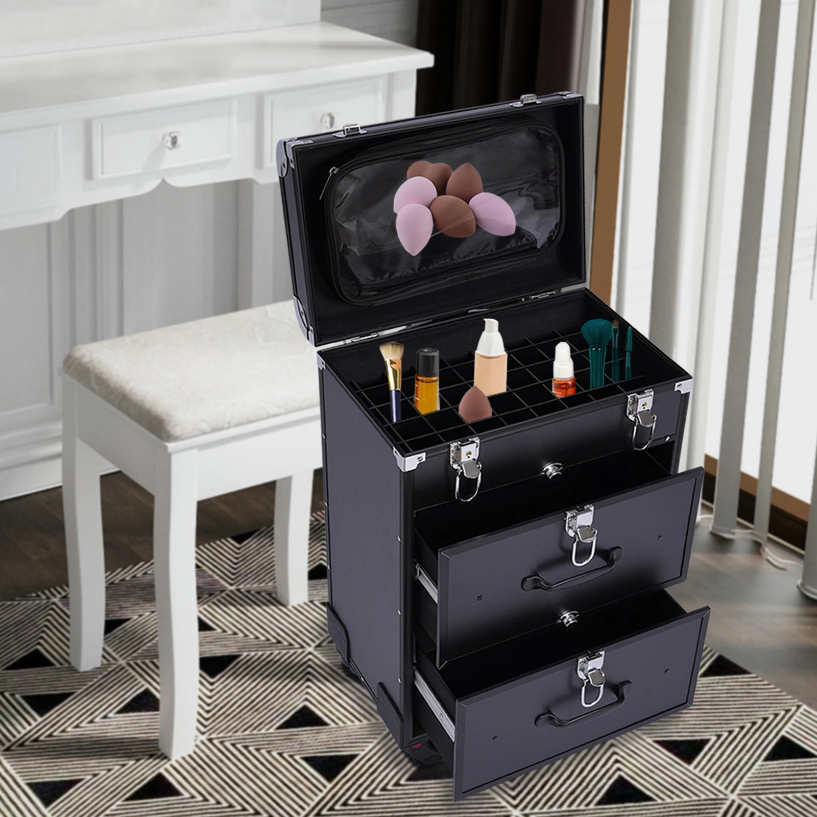 

Large Rolling Aluminum Makeup Train Case Salon Cosmetic Trolley Storage Organizer Box With Lock