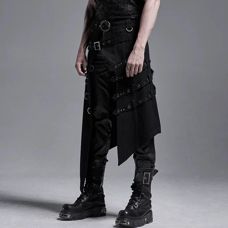 Asymmetric Design Gothic Vintage Hip Hop Punk Pantskirt Men Metal Eyelet Decorate Techwear Style Skirt Cosplay Culotte