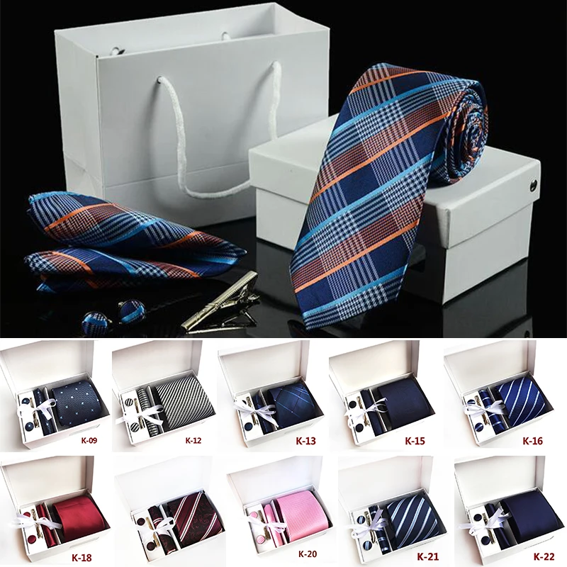 New 8CM Striped Men Ties Set Necktie Hankerchiefs Cufflinks Silk Jacquard Woven Red Navy Blue Black Tie Suit Wedding Party Gifts