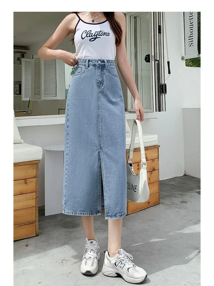 

Y2k Vintage Split Front Pockets Long Denim Skirts High Street Outfits For Girls High Waist Button Fly Stretchy Versatile Skirts