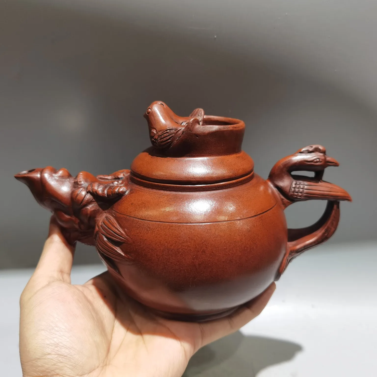 

9"Chinese Yixing Purple Clay Teapot Dragon Phoenix Bottle Teapot Pot Tea Maker Amass wealth Ornaments Town house Exorcism