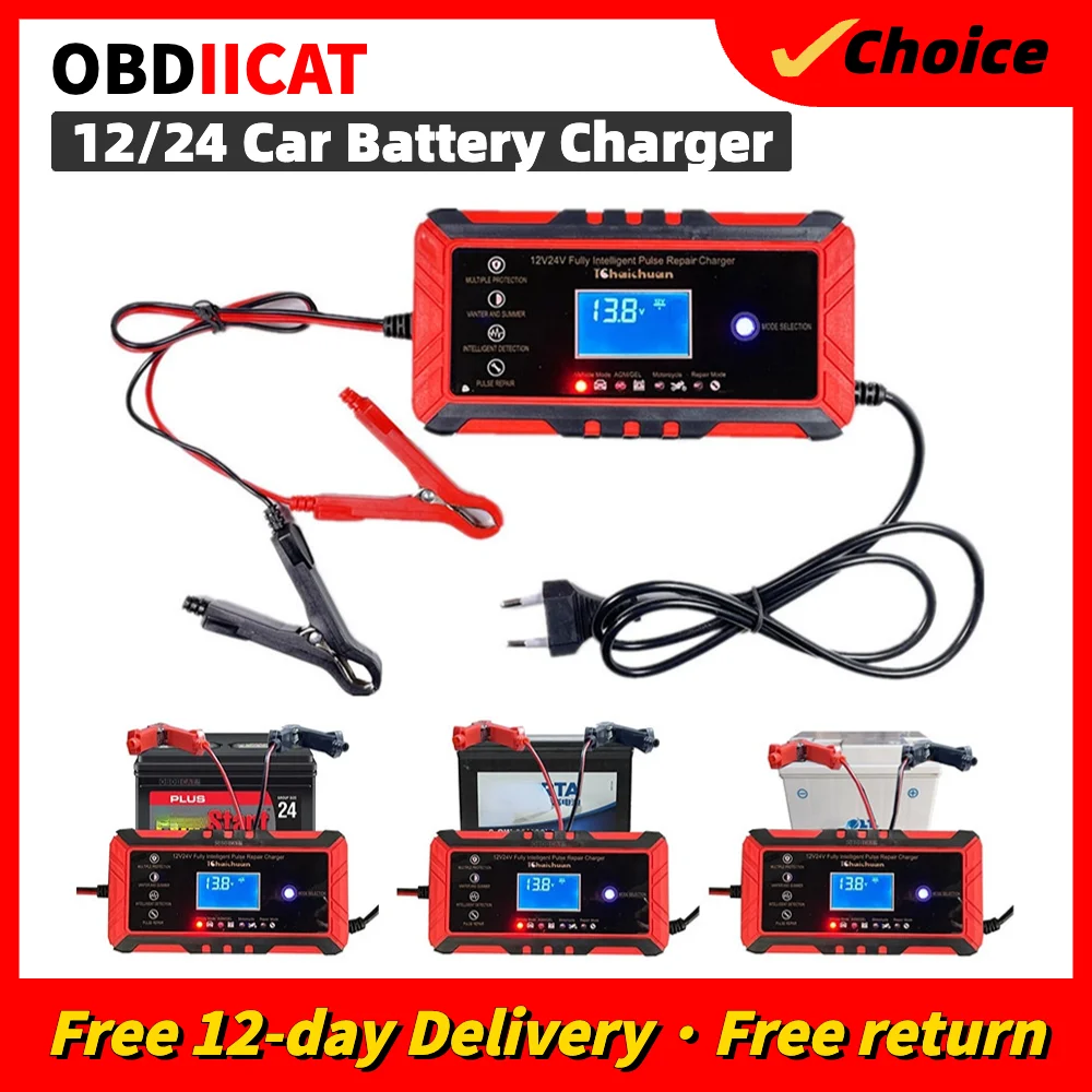 OBDIICAT-C24 Car Battery Charger 24V 12V Full Automatic Car Battery Charger Pulse Repair LCD Display AGM Deep Cycle GEL LeadAcid