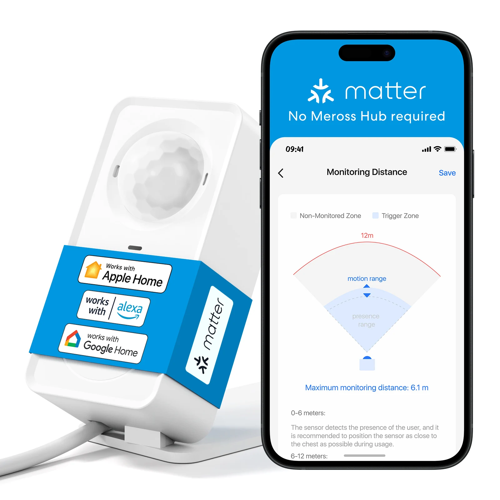 Meross EU/US Matter WiFi Human Presence Sensor MS600 Radar Detector With Luminance /Distance Detection Sensor For Smart Home