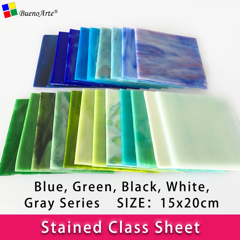 4 Pieces 15x20cm Stained Glass Sheets Blue Green Black White Gray