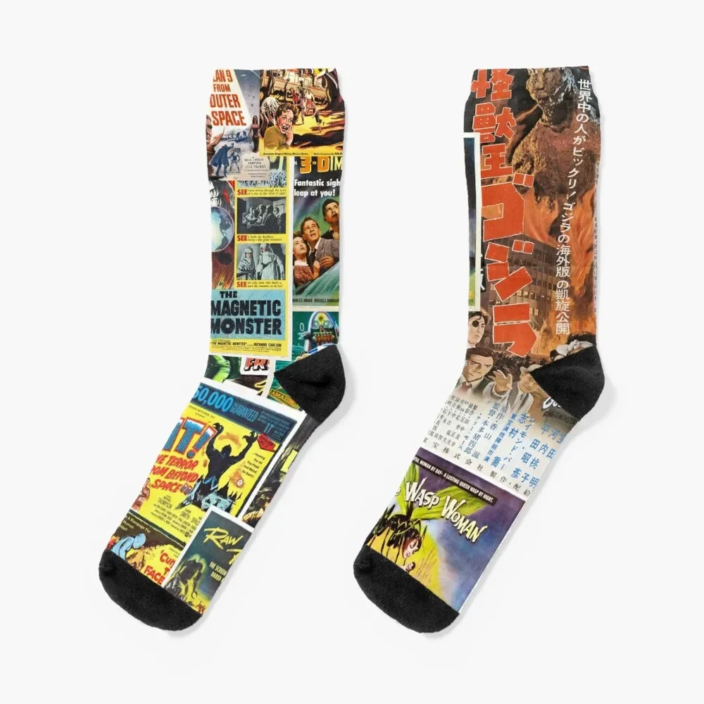 Retro Sci Fi Movie Posters Collage. Socks halloween basketball Stockings compression ankle Male Socks Women's