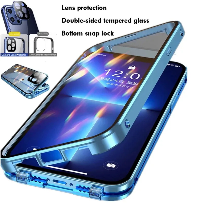 

360 Full Protection Metal Double Sided Glass Snap Lock Case For iPhone 15 Pro Max 14 13 12 11 Pro Max Plus Lens Protection Cover