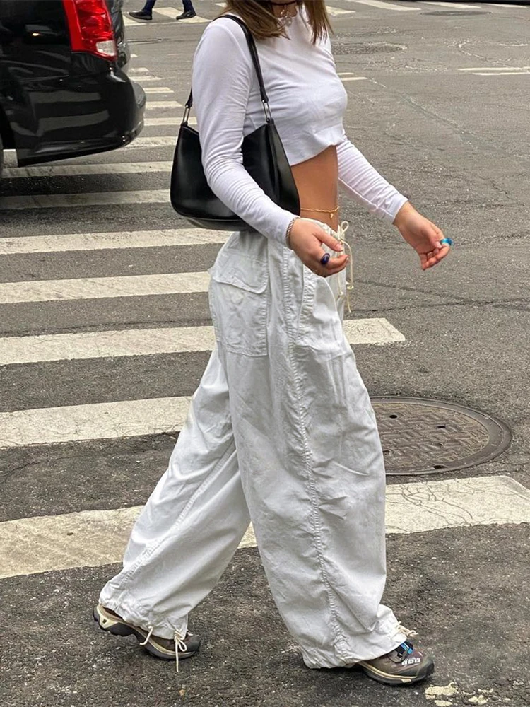 Women Trend Hippie Joggers White Loose Y2k Streetwear Cargo Pants Drawstring Low Waist Trousers Casual Baggy Wide Leg Sweatpants