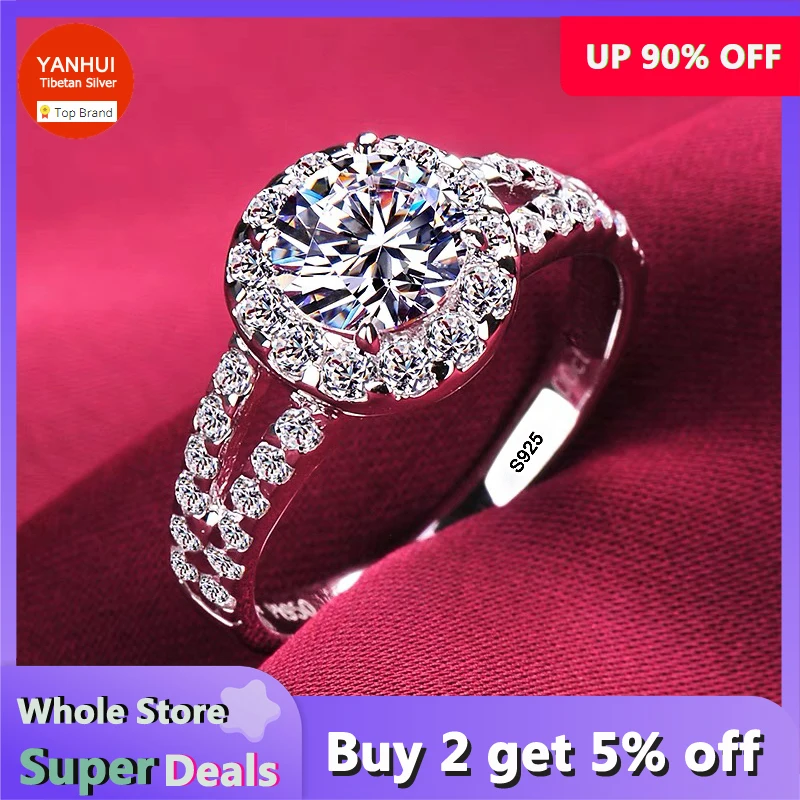 Silver Ring Original Certified Tibetan Silver Rings For Women Natural 2.0ct Zirconia Diamant Wedding Band Fashion Accessories Gift Jewelry