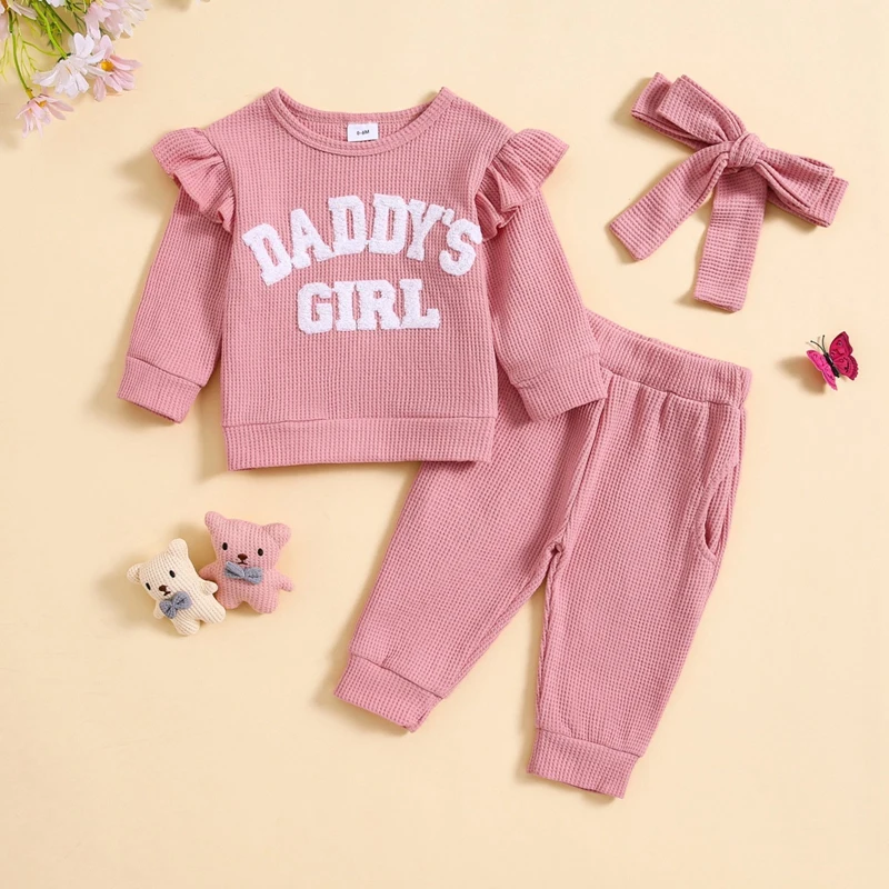 

0-3Y Baby Girl Clothes Long Sleeve Cute Letter Print Flying Sleeves Tops Trousers Headband 3Pcs Waffle Sets Infant Outfit Suits