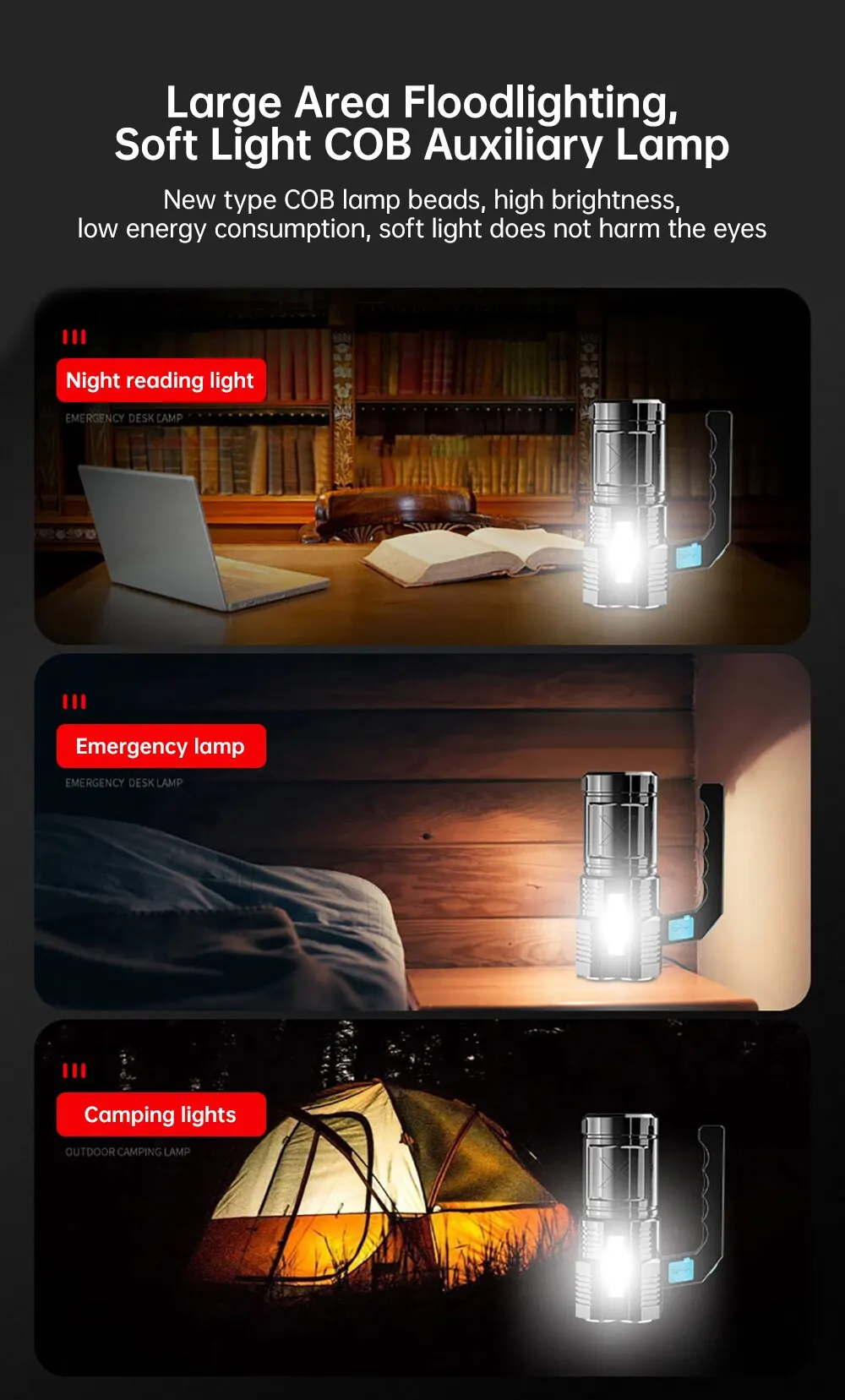 Lampe Torche LED 30W Super Puissante – Rechargeable, Tactique, Avec Lumière COB Et Batterie