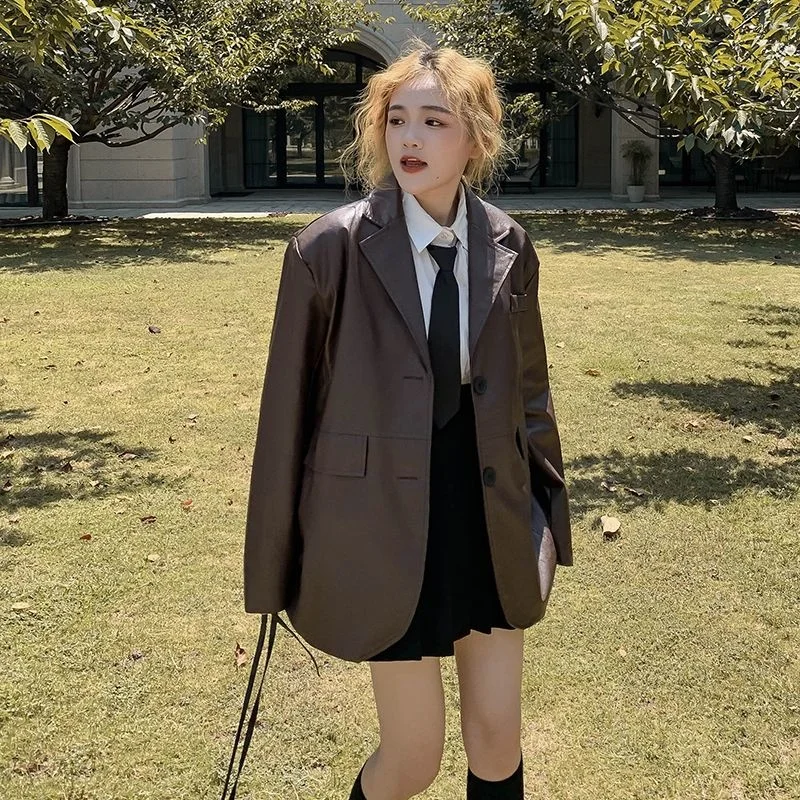 Vintage Leather Jacket Women 2022 New High-grade Suit Collar Brown PU Leather Jacket Coat, Harbor Wind Fashion