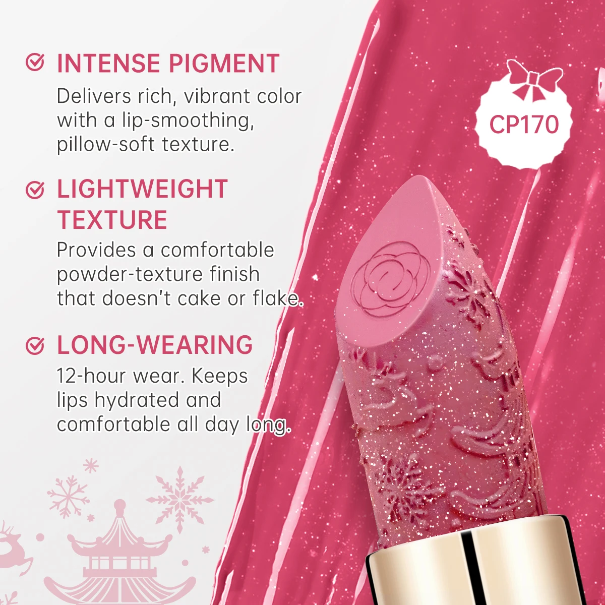 Christmas Limited New Year's Lipstick For Lips CATKIN Moisturizing With Golden Glosses, Tone CP170 Crimson Pink, 3.6 G_voghion.com