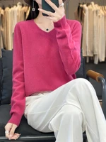Women Merino Wool Sweater Cashmere Pullover V-Neck Knitwear Elegant Slim Solid Color Fashion Basic Spring Autumn Clothing Top ﻿