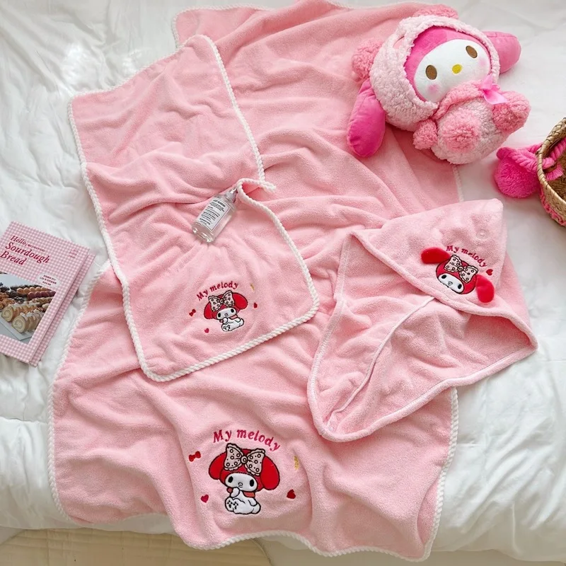 3pcs Sanrio Cinnamoroll Towel Bath Towel Bathing Cap Pochacco Melody Kuromi Girl Quick Drying Hair Cap Kid Beach Household