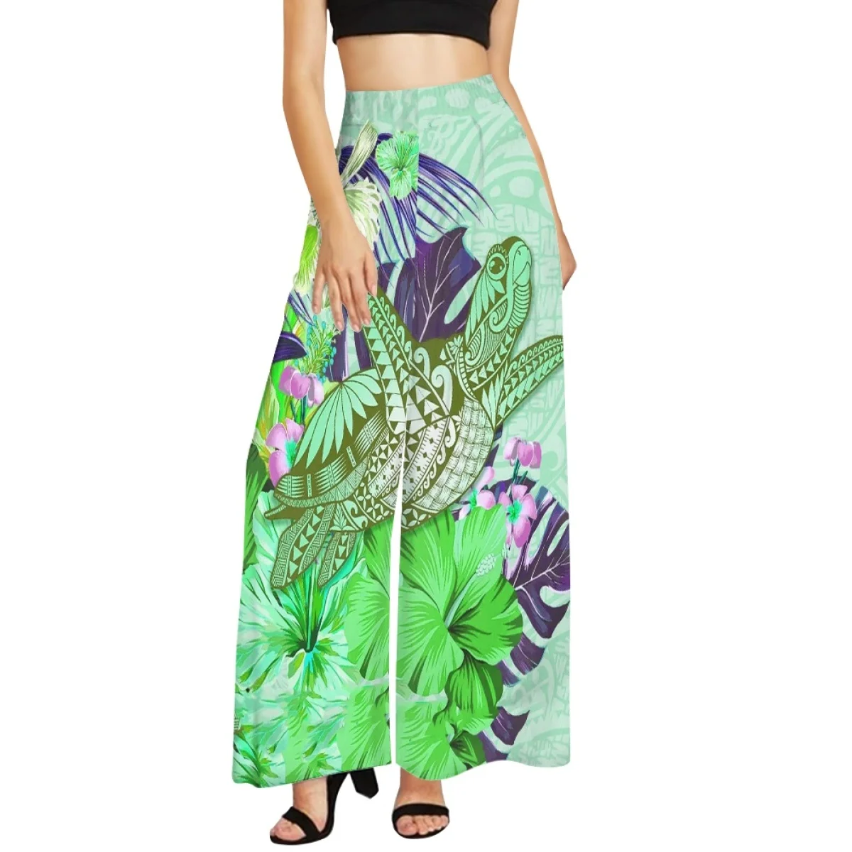 

Hycool Polynesian Hawaii Tribal Green Turtle Print Retro Soft Wide Leg Pants For Women Petite Length Plus Size Clothes 2023