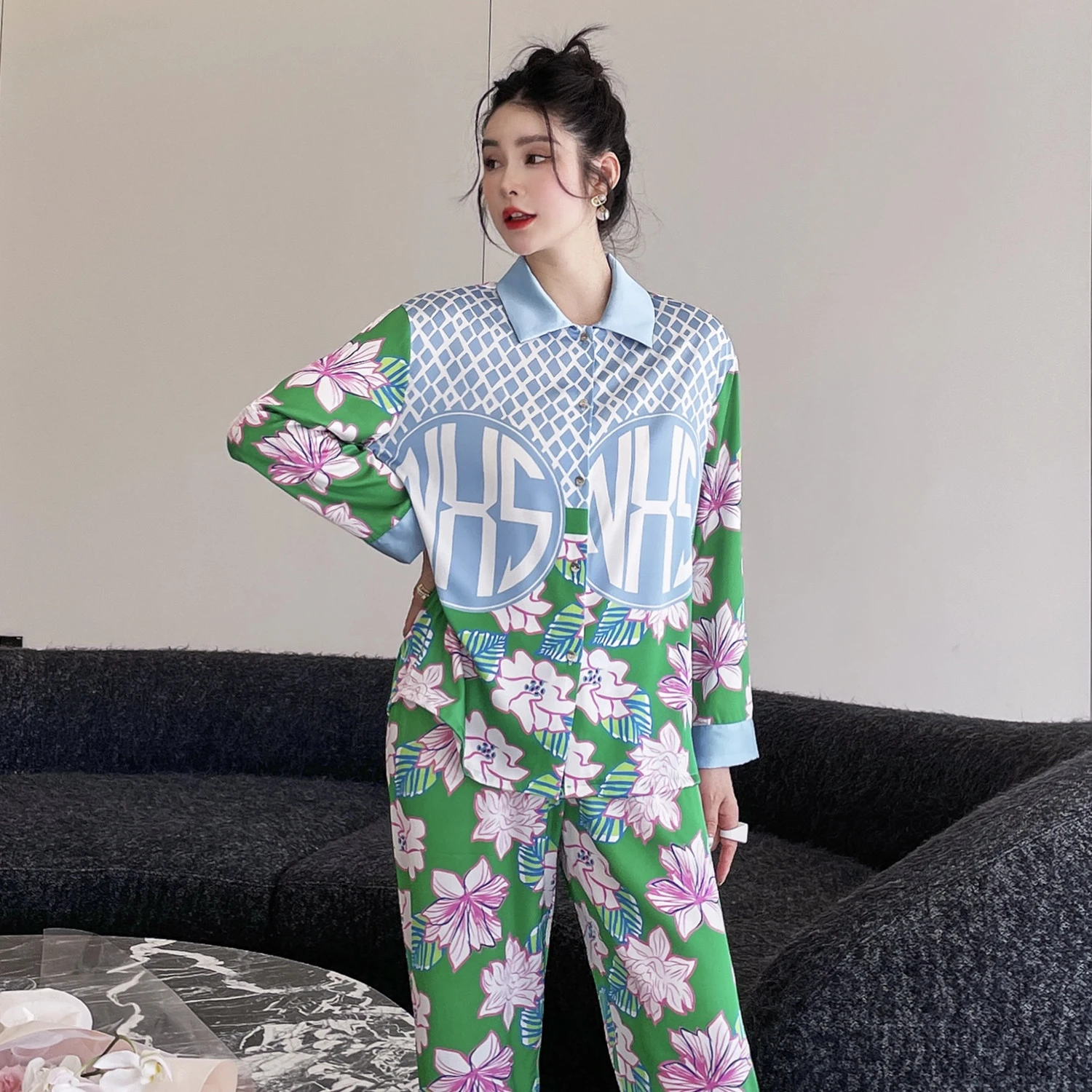 

Green Print Pajama Sets Female Plus Size Satin Silk Women Pijama Home Clothing Pyjama Long Sieeve