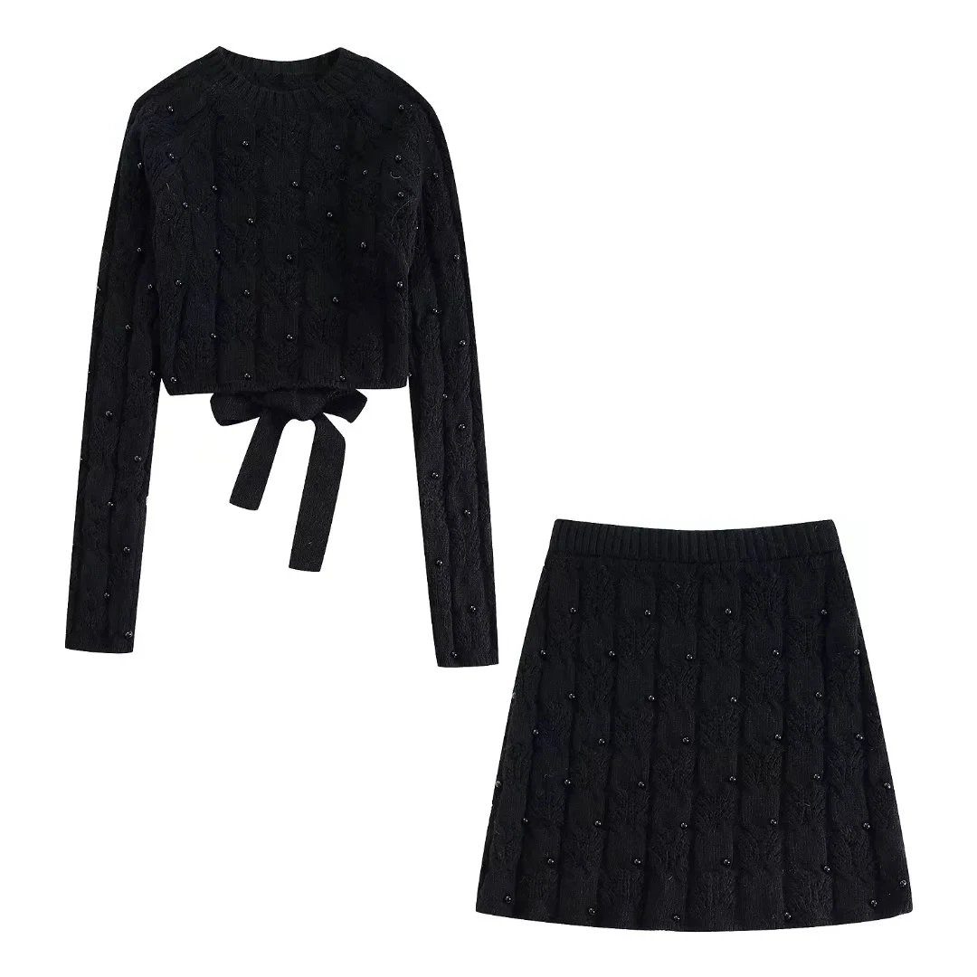 

TRAF Black Knit Mini Skirts Sets Woman Chic A-Line New Skirt Women Pretty Pearl Short Skirts Female High-Waist Aesthetic Skirt