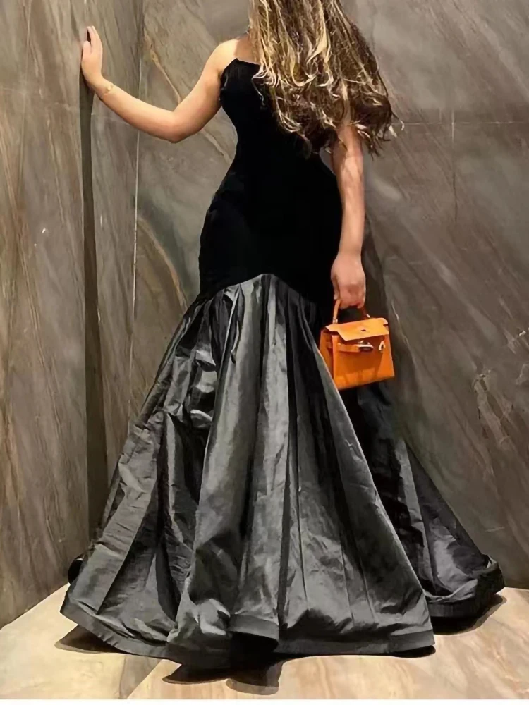 

New Black Evening Dress for Women Strapless Mermaid/Trumpet Floor-Length Velvet Party Formal Occasion Elegantes Mujer Vestidos