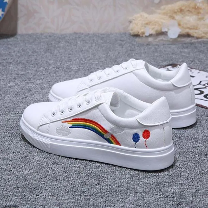 Women's Vulcanized Shoes Rainbow Embroidered White Shoes Women's Sports Shoes Lace-up Ladies Slippers Women's Flat Casual Shoes