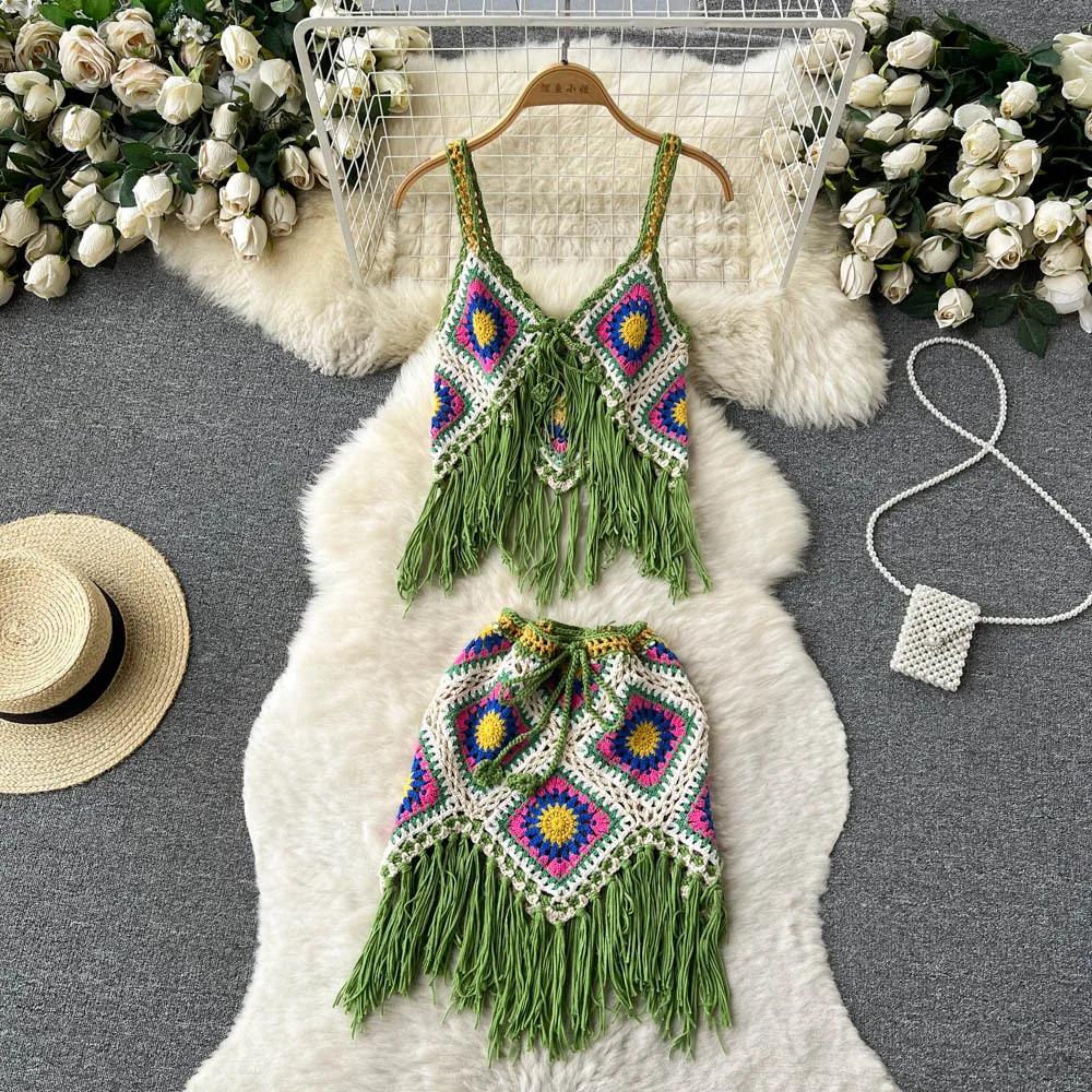 Crochet Knitted Cover Ups Women Tassel Straps Crop Top Hollow Out Skirts Matching Set 2023 Summer Beach Bathing Suit Bikini Wear