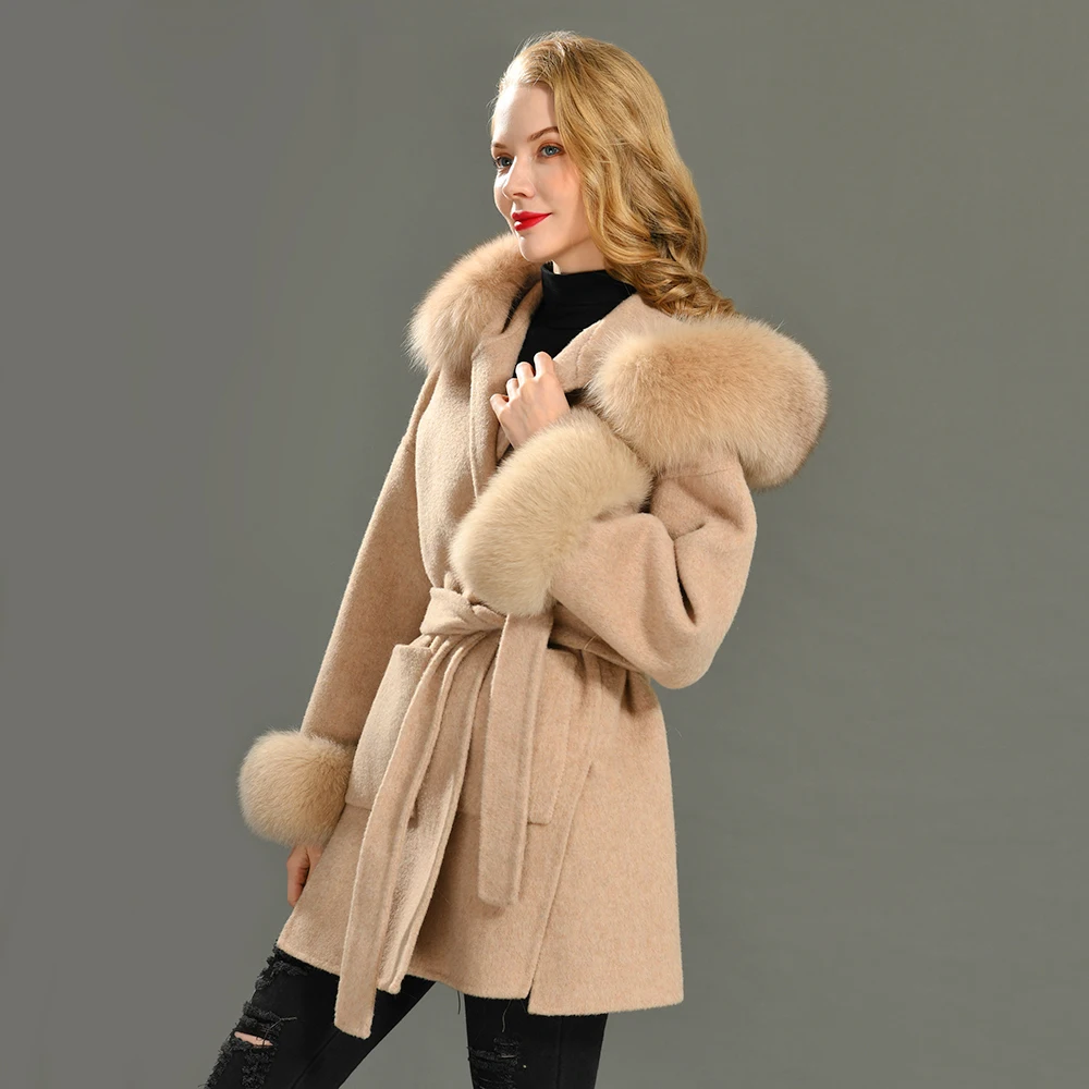 ※みー【新品】Loose fur coat【Beige】 2024 Real Fur Coat Hood Winter Jacket Women 100% Natural Fox