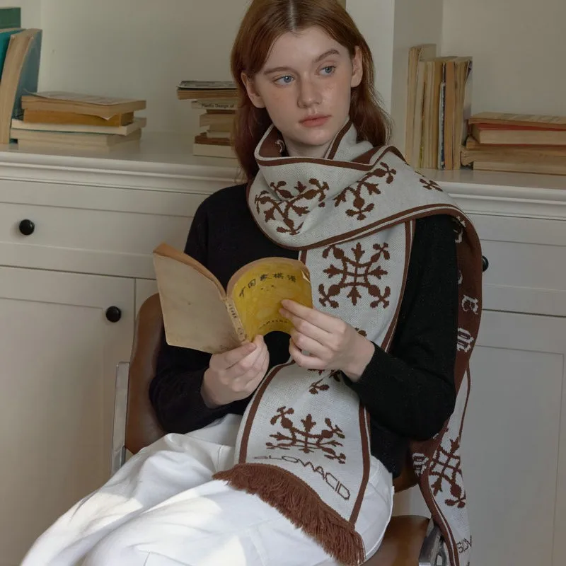 Kingly Crow Crane Winter Vintage Snowflake Letter Tassel Double-Sided Fashionable Warm Neck Warmer Korean Style Scarf