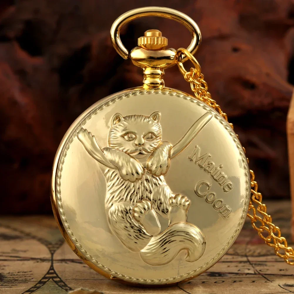 

Maine Coon Carving Quartz Pocket Watch Antique Gold Cute Kitty Watch for Children Pendant Necklace Chain Clock Gift for Unisex