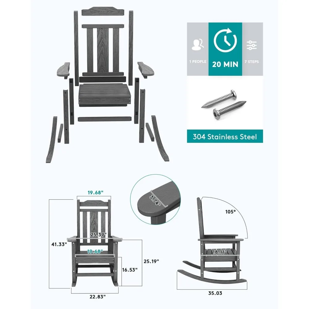Rocking Chair Set of 2,All Weather Patio Rocking Chairs,Poly Rocking Chair for Adults, Heavy Duty Front Porch Rocker 5