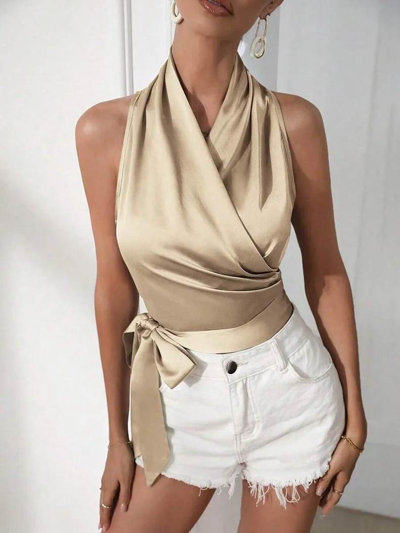 Women's Satin Sleeveless Halter Neck Tie Front Wrap Side Solid Color Slim Fit Blouse Tank Top for Women Clothing Female Fashion