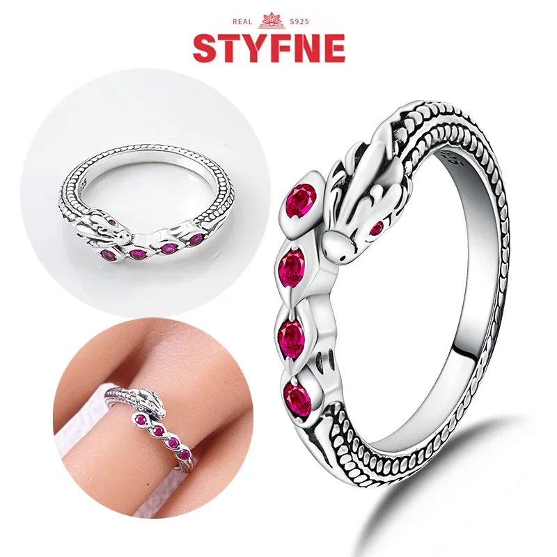 S925 Silver Chinese Dragon Rings Red Zircon For Women silver rings silver ring