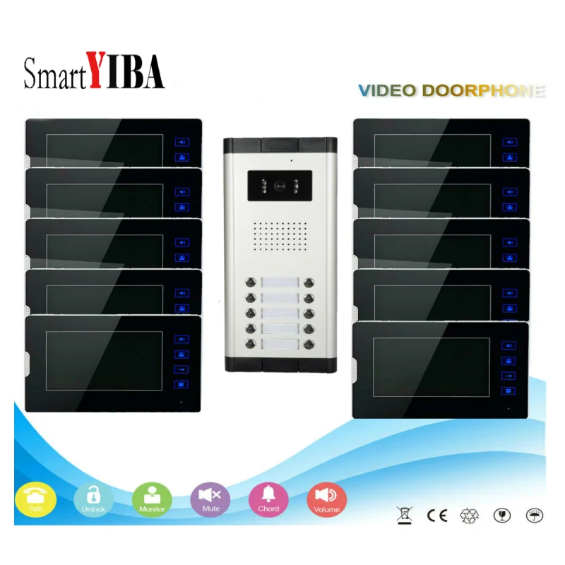 

SmartYIBA 10 Units Apartment Intercom System Video Door Phone Door Intercom Aluminum Alloy Camera 7"Inch Monitor Video Doorbell