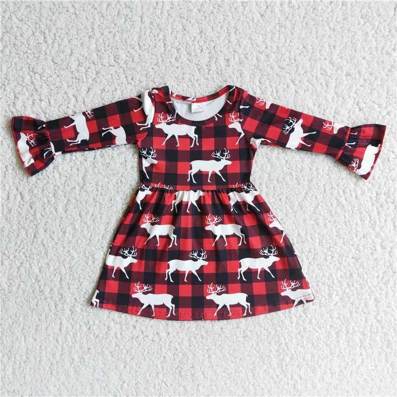 

New Fashion Style Spring Fall Red Plaid Deer Print Skirt Boutique Wholesale Kids Long Sleeve Dress Girl's Clothing